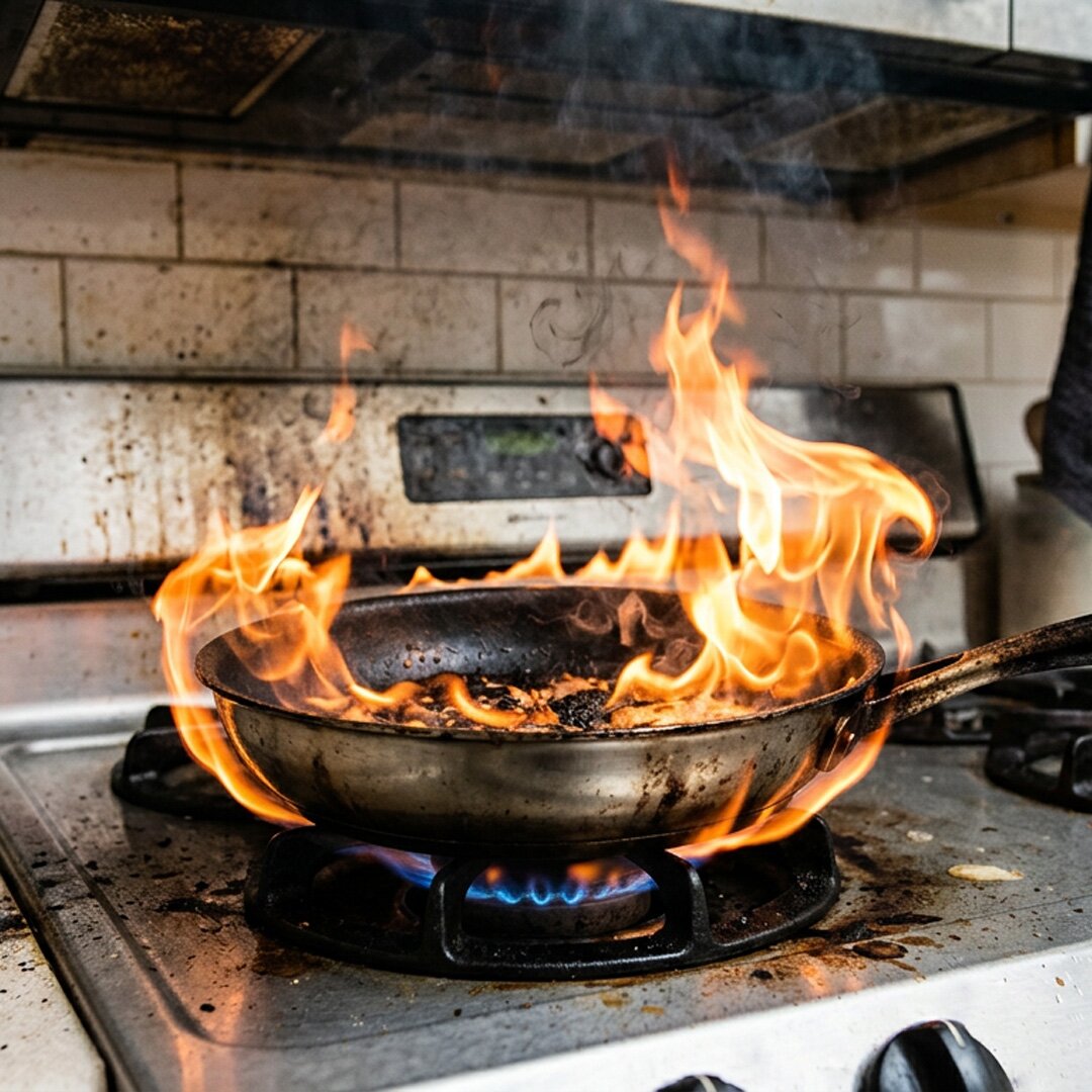Grease fire on dirty stove