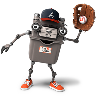 Mr. Meter with Braves hat catching a baseball