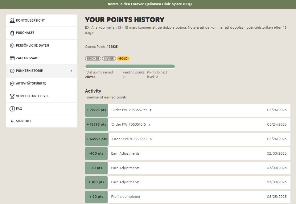Points history dashboard showing Bronze, Silver, and Gold tier progression with activity timeline of earned points across orders and engagement actions