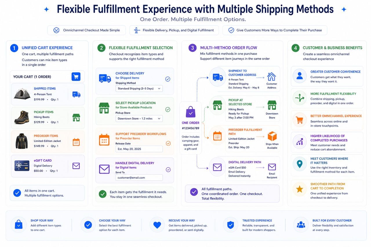 Flexible Fulfillment Experience diagram showing a unified cart with four item types, shipped, pickup, preorder, digital gift card, each routed through the appropriate fulfillment path
