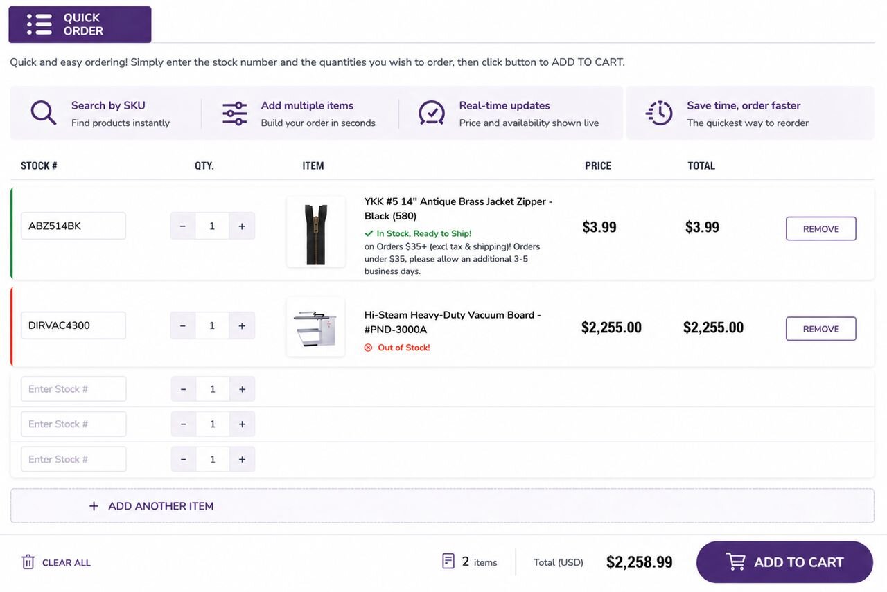 Quick Order interface showing two rows with stock number entry fields, real-time product image, name, price, availability status, and per-row quantity controls