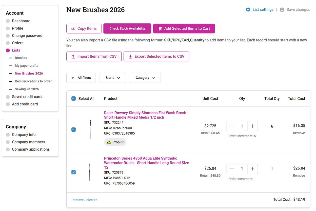 B2B customer list management interface showing product lists with bulk actions, CSV import/export, stock availability checking, and cart integration