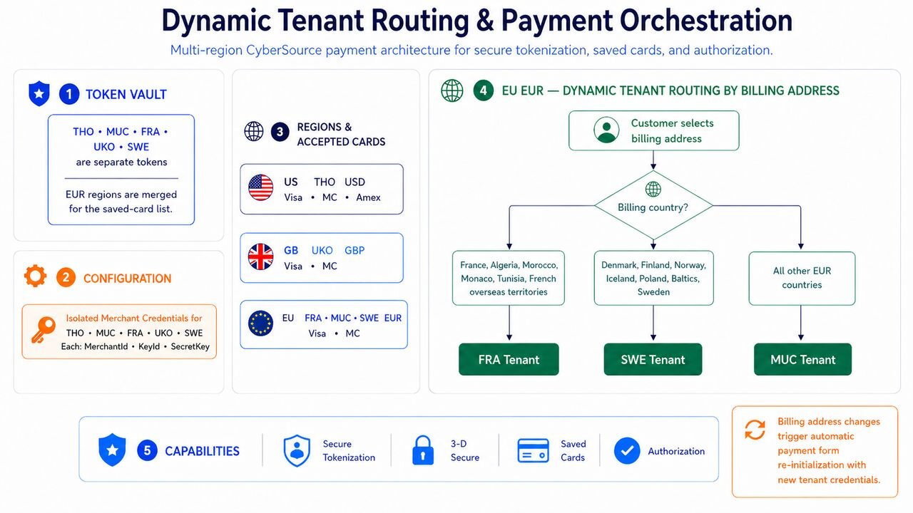 Dynamic Tenant Routing and Payment Orchestration diagram showing five regional CyberSource tenants with isolated merchant credentials, tokenization contexts, and saved-card vaults