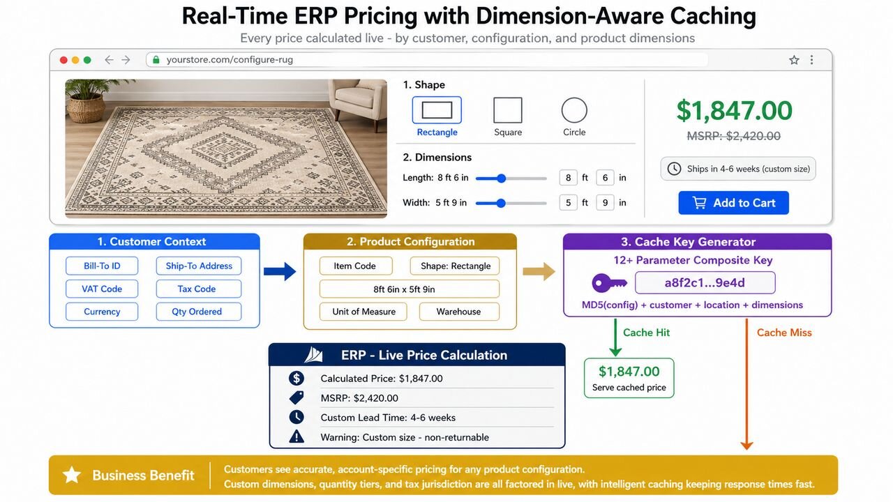 Real-Time ERP Pricing with Dimension-Aware Caching diagram showing customer context, product configuration, and a 12-parameter composite cache key