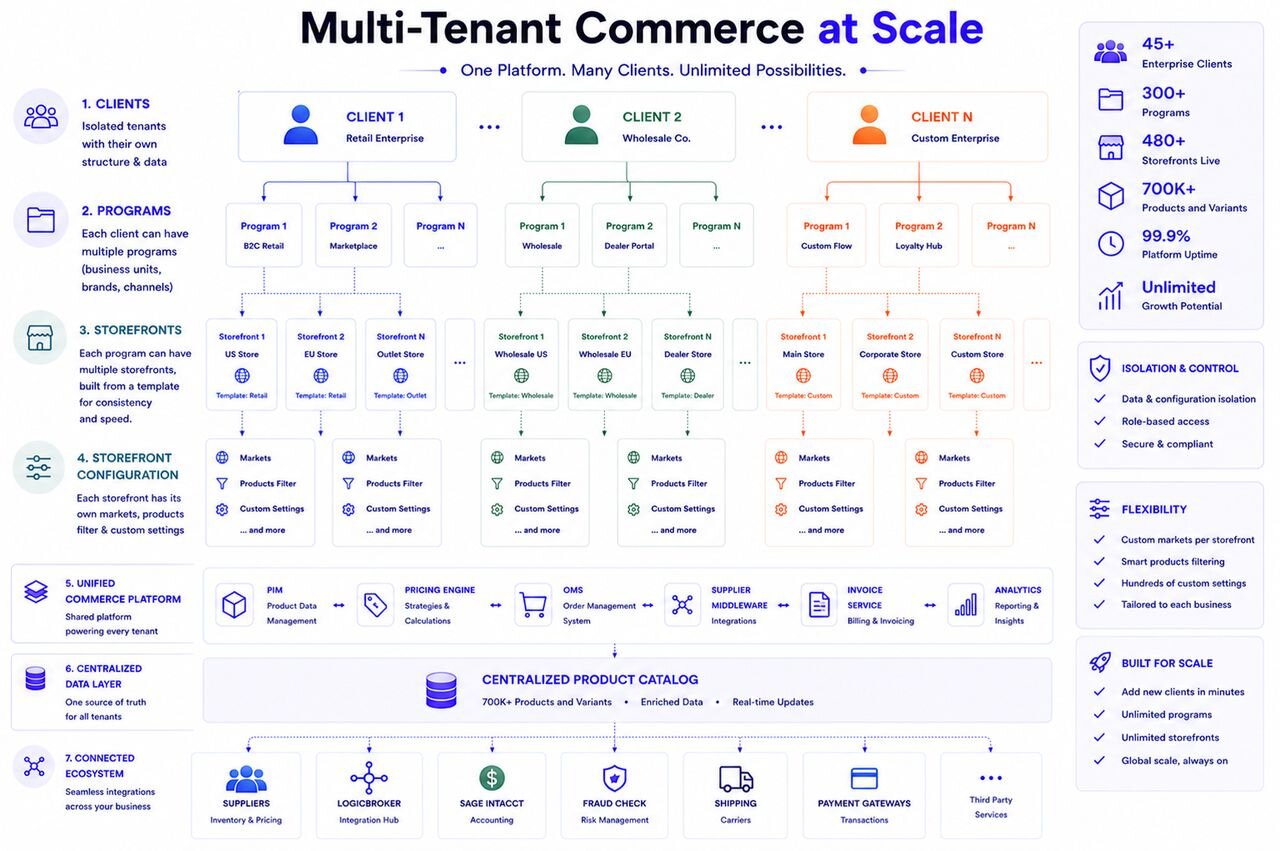 Multi-Tenant Commerce at Scale diagram showing 45+ enterprise clients each with isolated tenants, multiple programs, and storefronts built from shared templates