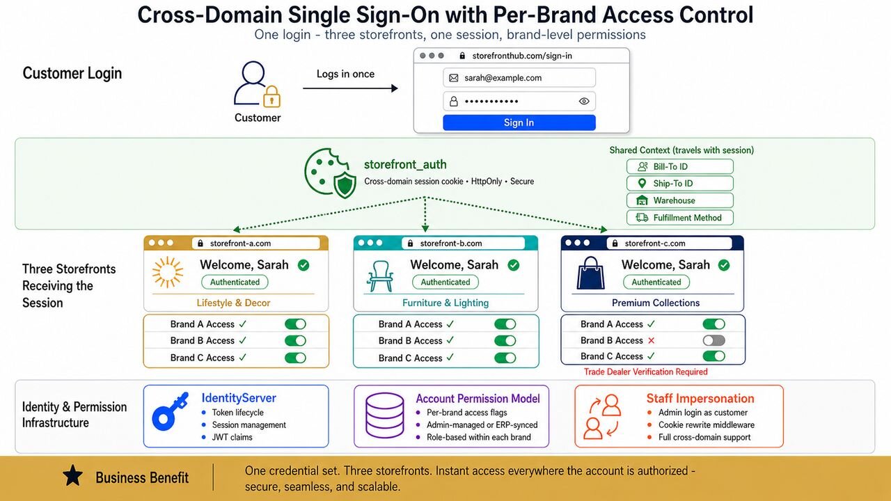 Cross-Domain Single Sign-On diagram showing one customer login propagating via a cross-domain session cookie to three separate storefronts, each with independent per-brand access flags