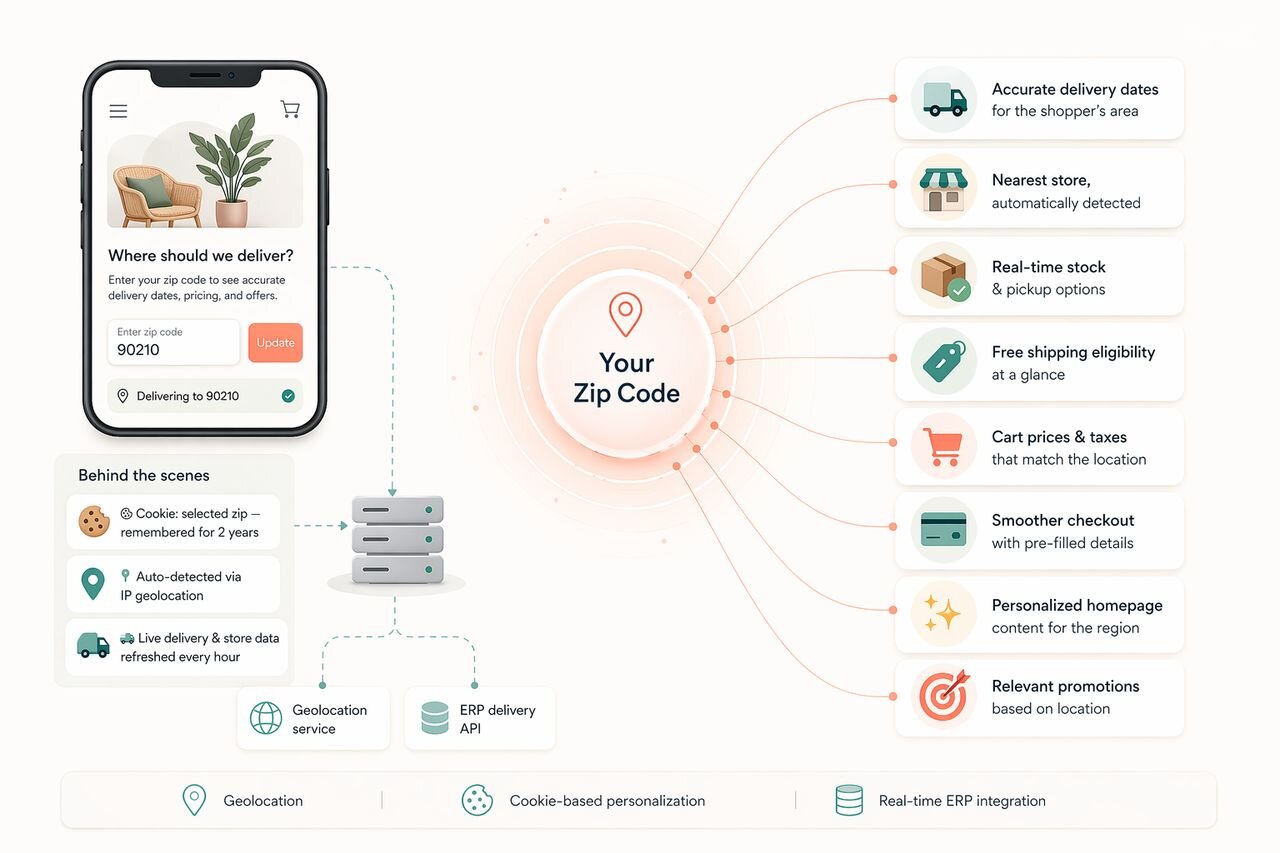 Zip code personalization diagram showing how a single zip code drives delivery dates, nearest store detection, real-time stock, free shipping eligibility, location-matched prices and taxes, and regional content