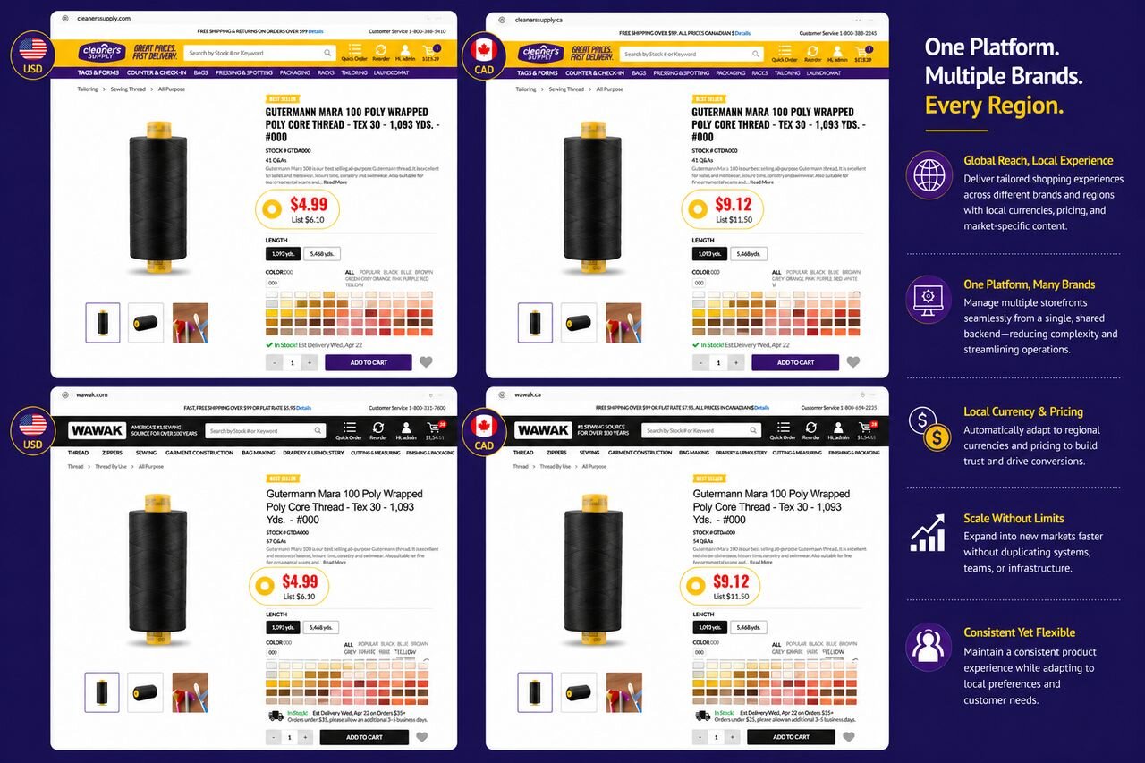 One Platform Multiple Brands Every Region diagram showing Cleaner's Supply and Wawak US and Canadian storefronts on a shared backend with localized currency, pricing, and shipping rules