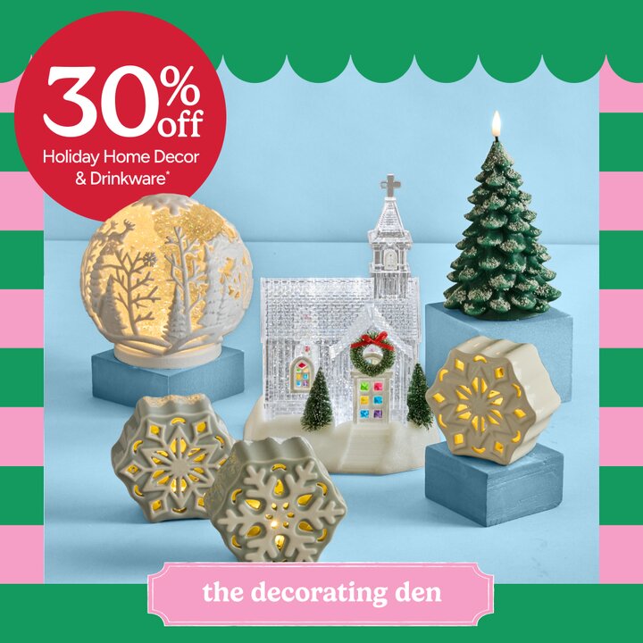 30% off Holiday Home Decor & Drinkware* - Image of Holiday snowflake LED lights, Christmas tree candle, Snowglobe glitter lantern, and LED church