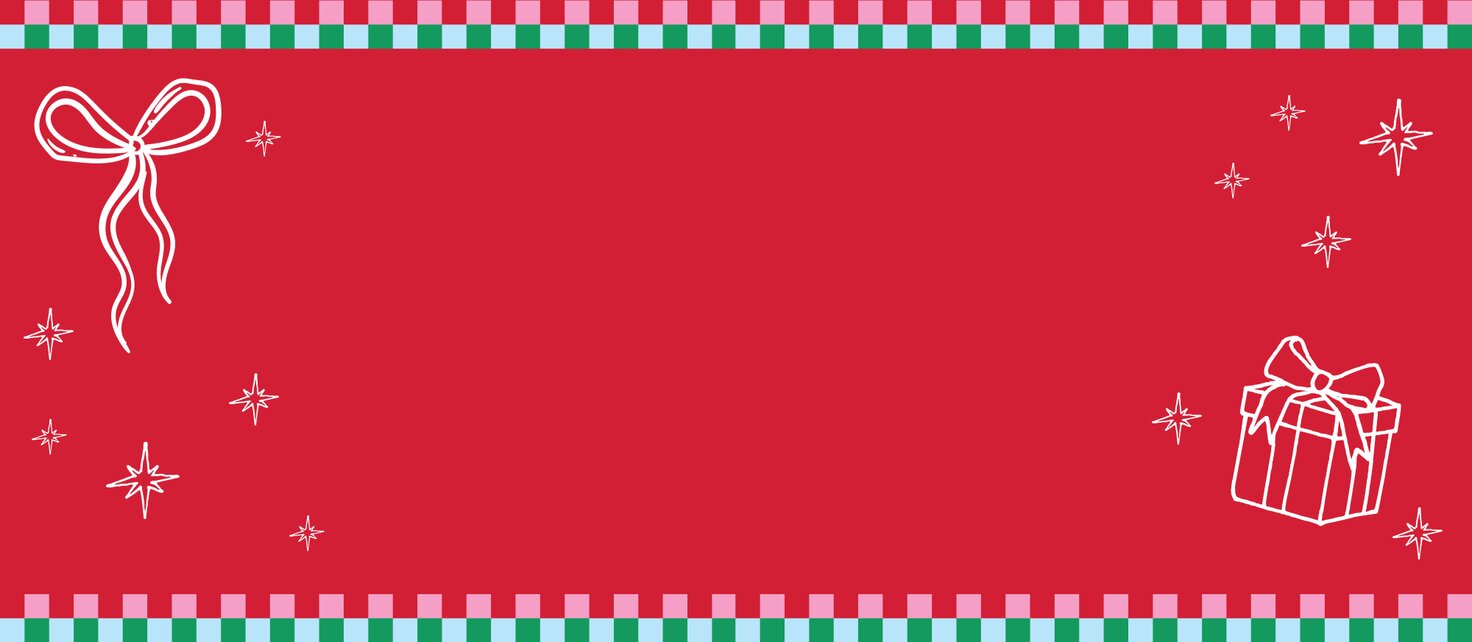 Bright red holiday backdrop with doodle stars, ribbon and present