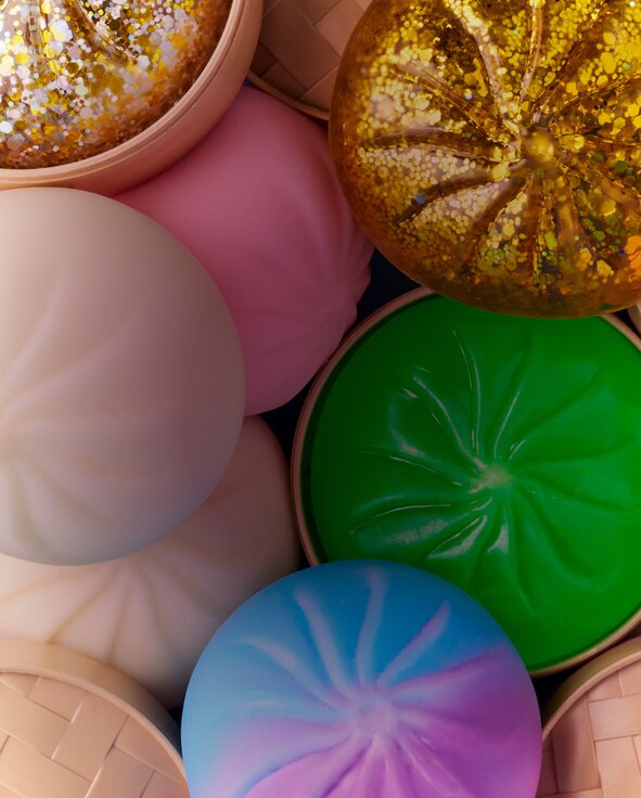 Close up of various squishy dumpling toys