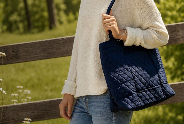 a model holding a navy blue Vera Bradley tote bag next to a fence