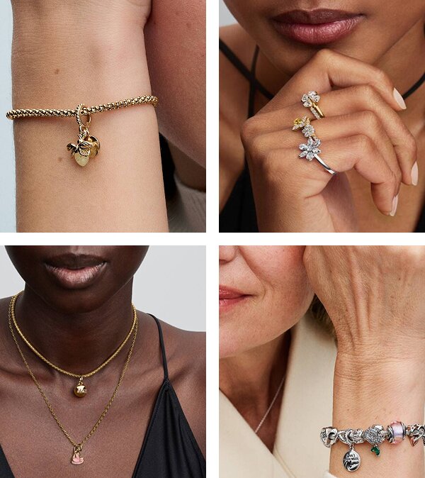 Image collage of Pandora charm bracelets, rings and necklaces