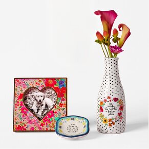 Image of Natural Life Mini Heart Floral Wooden Picture Frame, Old Friends Artisan Trinket Dish, and You Make the World Better Ceramic Bud Vase with pink calla lillies
