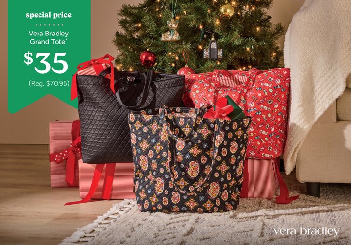Vera Bradley tote bags sitting under a Christmas tree
