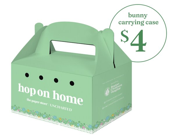 Image of a light green carrying box that reads "hop on home." A dotwhack reads "bunny carrying case $4". 