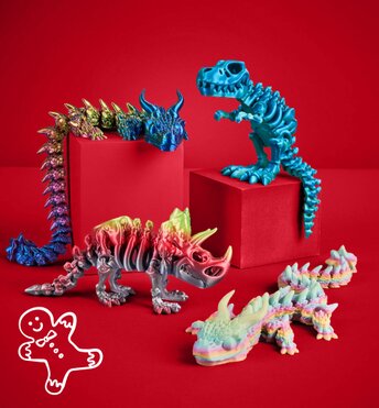 Four dinosaur toys displayed in front of a red background