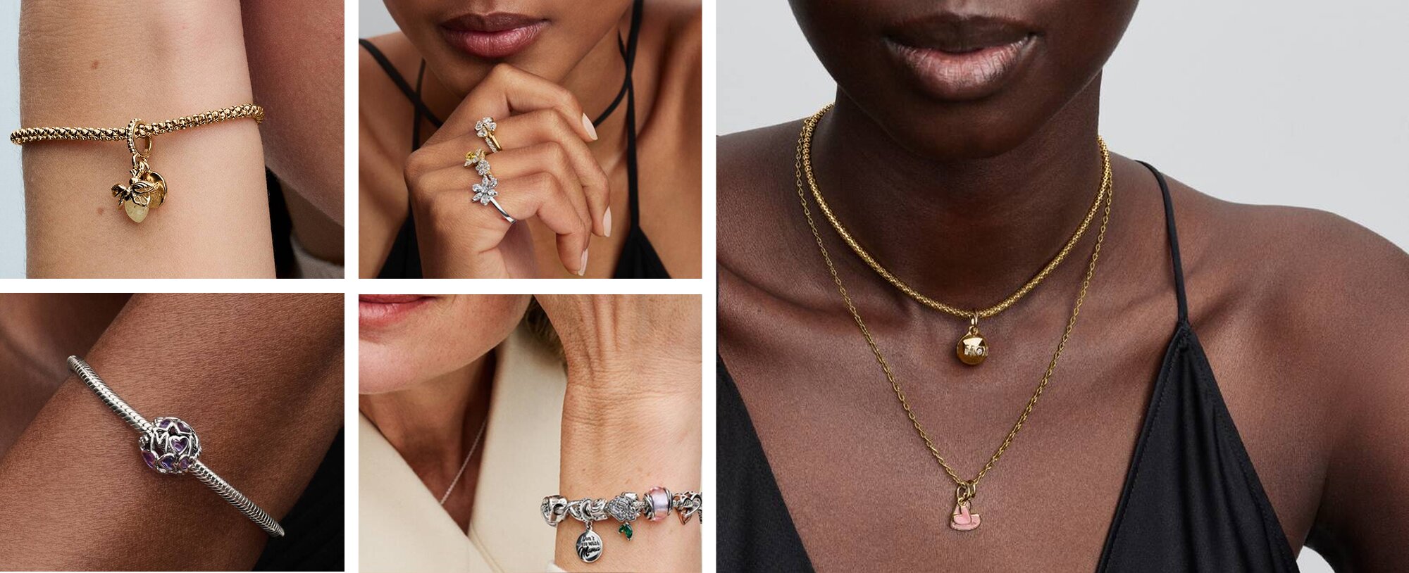 Image collage of Pandora charm bracelets, rings and necklaces
