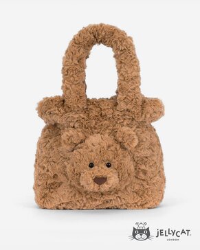 Jellycat Bartholomew Bear plush handbag with fuzzy brown bear design