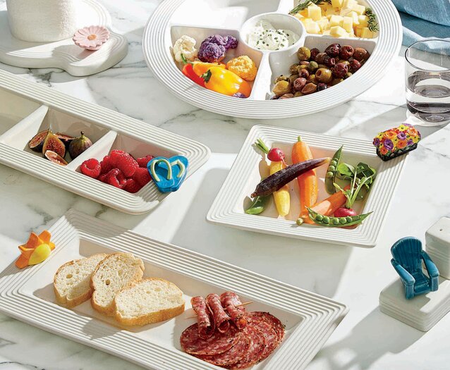 Image of various Nora fleming trays and platters with flip flop mini, sun mini, party hat mini, beach chair mini