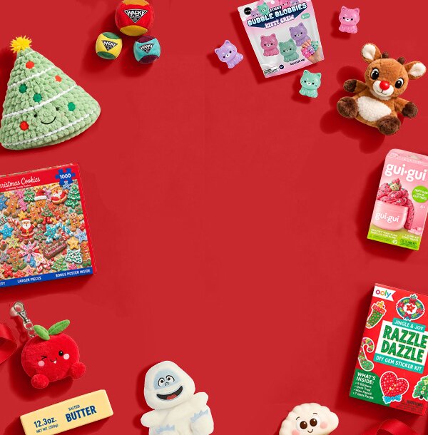 Festive assortment of plush toys, squishies, games, and holiday crafts arranged around a red background with open space in the center.