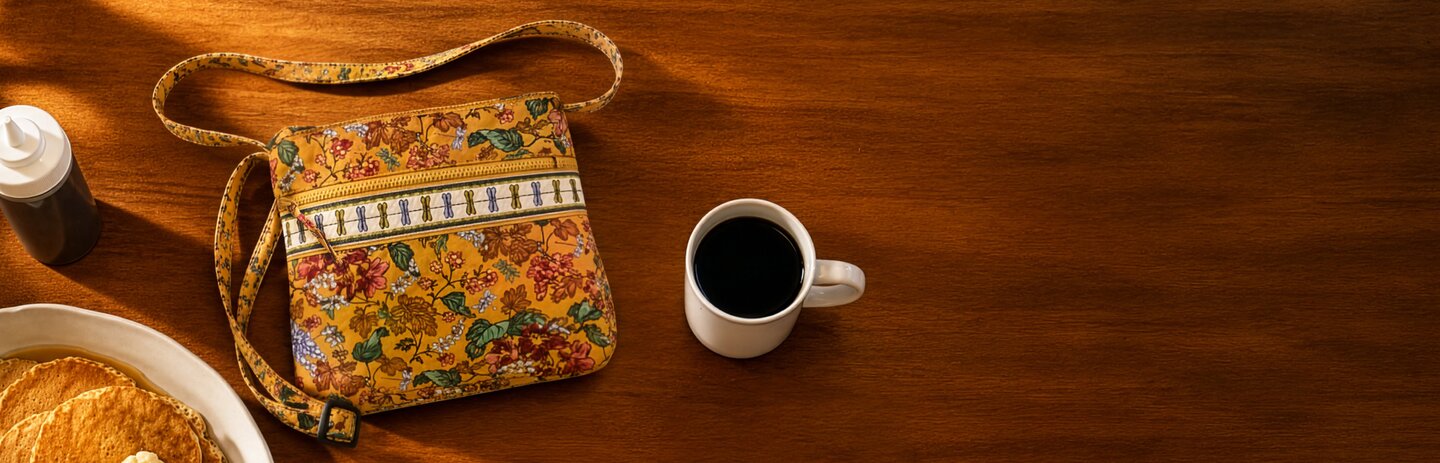 Floral Vera Bradley Gilmore Girls bag beside a cup of coffee and pancakes on a wooden table.