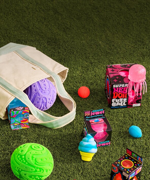 Image of various NeeDoh toys spilling out of a tote onto the grass