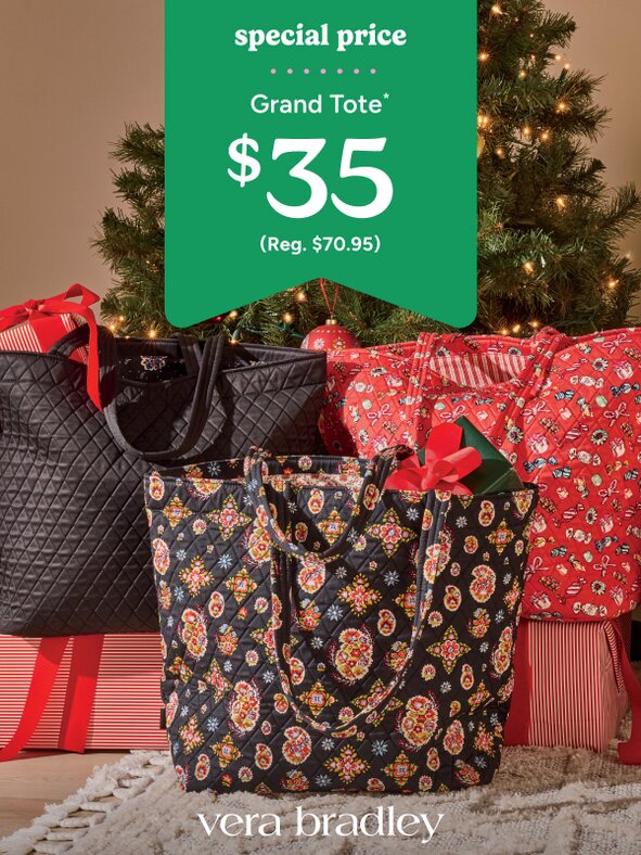 Vera Bradley tote bags sitting under a Christmas tree