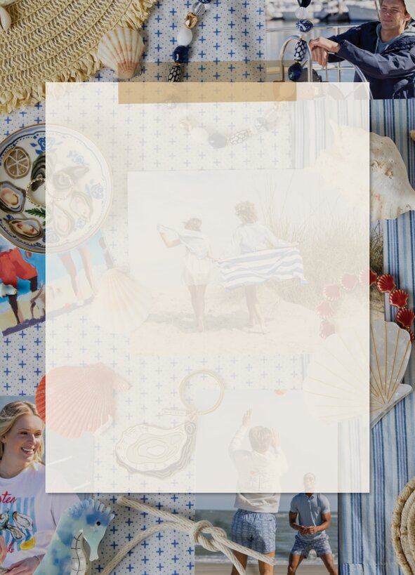 Image of spring mood board with photos of models wearing coastal clothing, shells, jewelry, straw hat, nautical rope