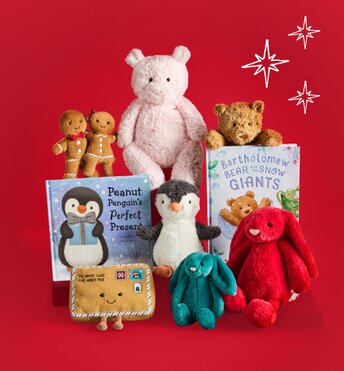 Image of plush stuffed animals sitting with two kids books
