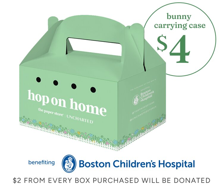 Image of a light green carrying box that reads "hop on home." A dotwhack reads "bunny carrying case $4". Below the box reads "the purchase of this box is benefiting Boston Children's Hospital. $2 From every box purchased will be donated"
