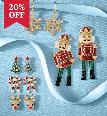 Image of christmas earrings with nutcrackers, snowflakes, trees and reindeer