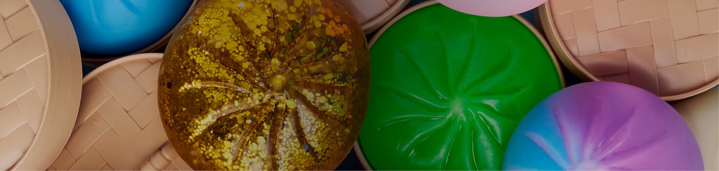 Close up of various squishy dumpling toys