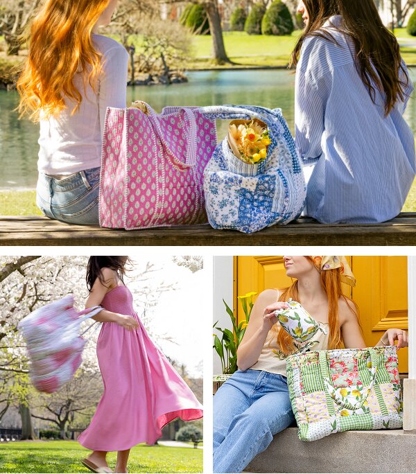 A collage of three outdoor scenes featuring colorful Strawflower tote bags.