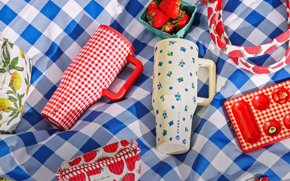 Red gingham and Blueberry patterned HydroJug tumblers, strawberry-print accessories, and fresh berries arranged on a blue gingham picnic blanket flat lay.