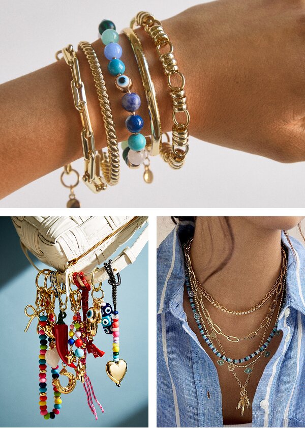 Image collage of BaubleBar bag charms, bracelets and necklaces