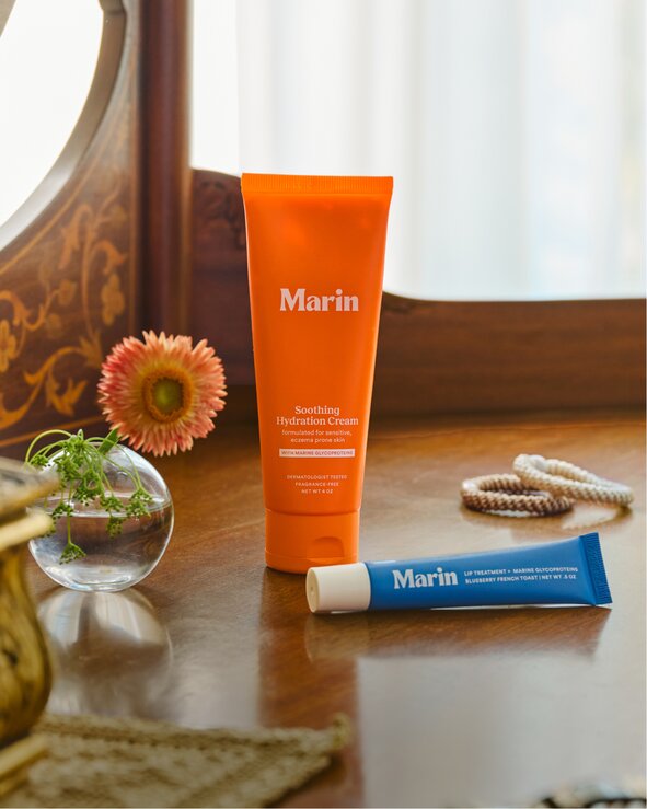 Marin skincare products displayed on a vanity. Shop beauty.