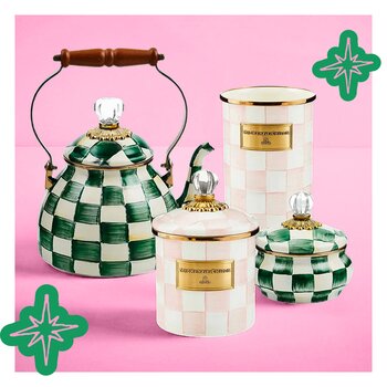 Green and pink checkered kitchenware set, featuring a teapot and containers with gold rims, clear knobs, and branded gold labels 