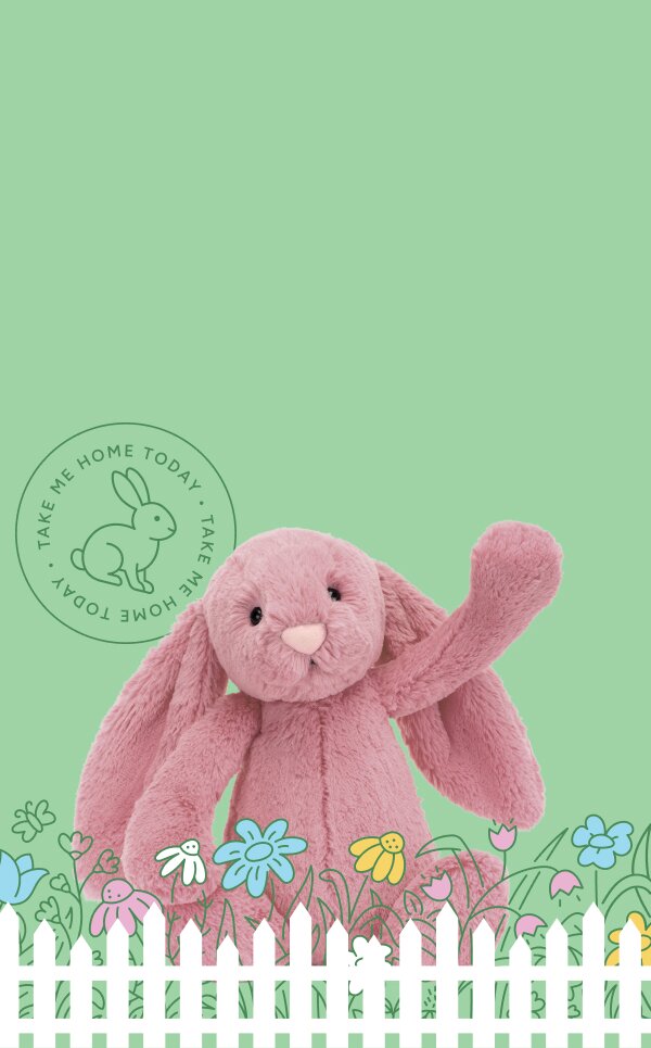 Image of a pink Jellycat bunny sitting behind an illustrated garden of flowers and white picket fence on a light green background