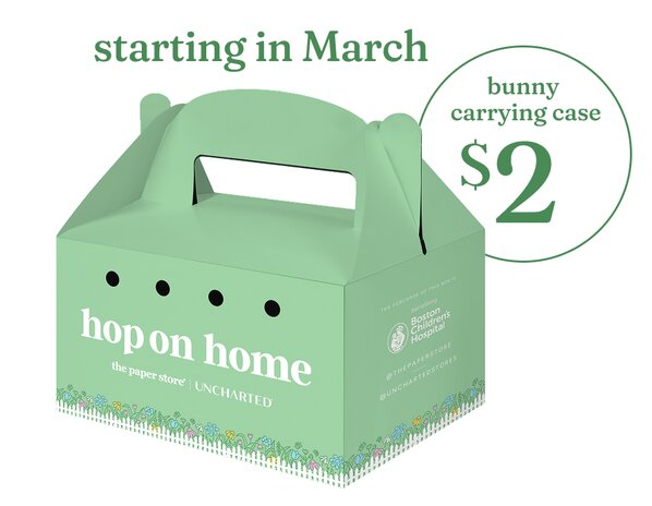 Image of a light green carrying box that reads "hop on home." A dotwhack reads "bunny carrying case $2". 