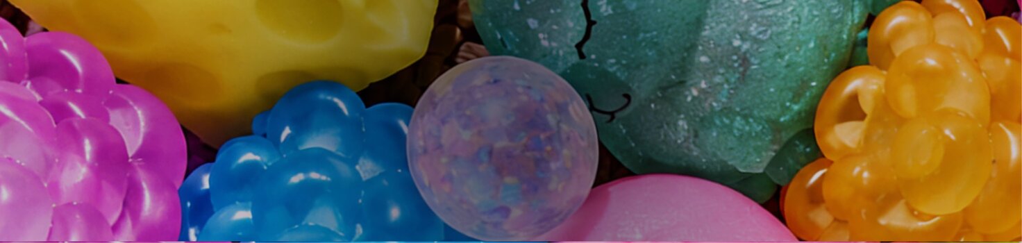 Close up of various squishy toys