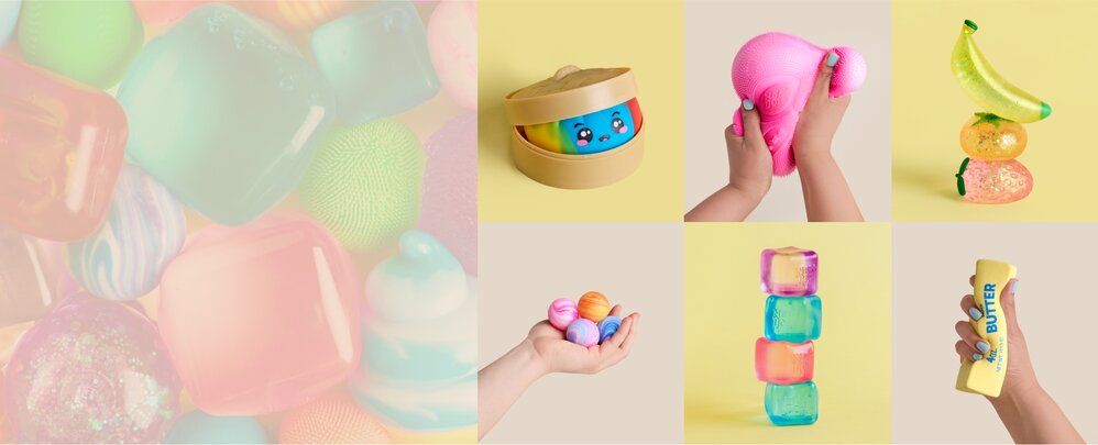 Colorful assortment of squishy sensory toys in playful shapes, textures and bright pastel colors.