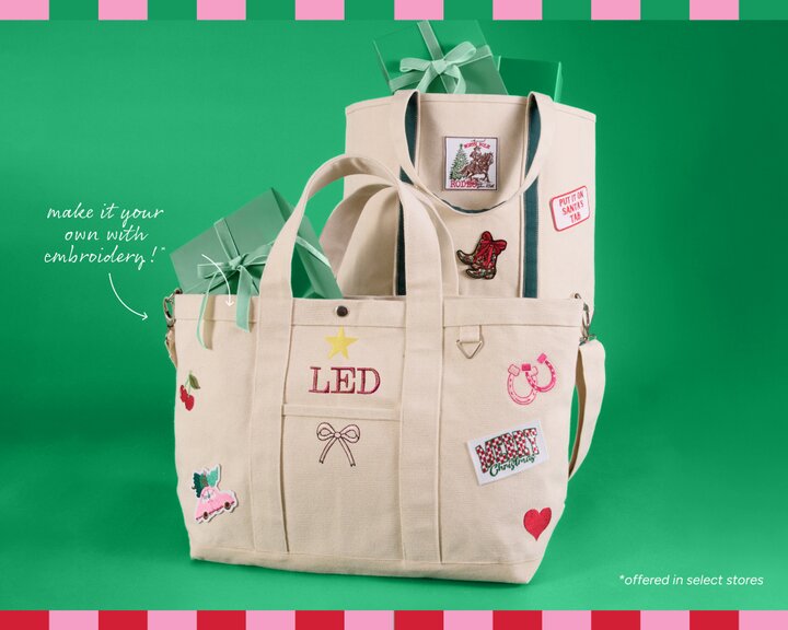 A beige canvas tote bag and cosmetic bag with embroidered patches. Personalize it with embroidery - offered in select stores.