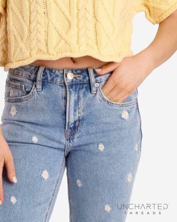 Image of Uncharted Threads Daisy Embroidered High Rise Straight Leg Jeans in Light Wash