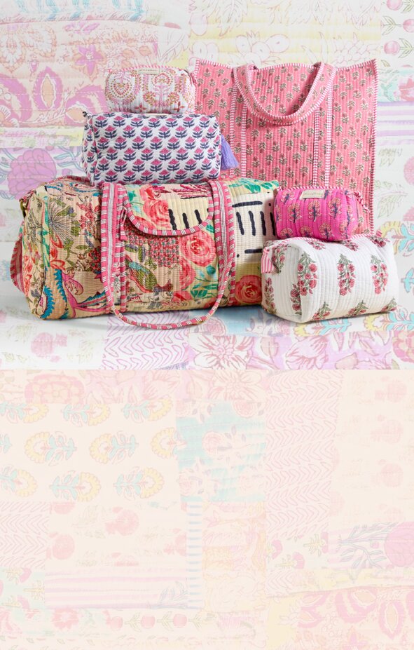 Image of patchwork strawflower tote, cosmetic bags, and duffel bags.