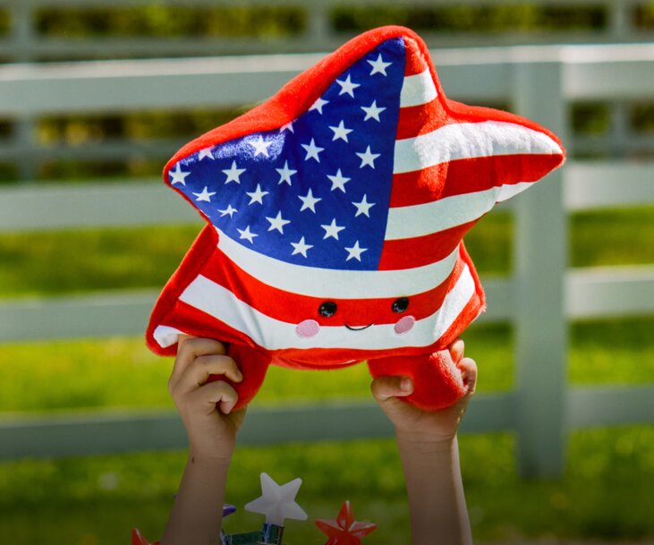 Child holding a red, white, and blue star-shaped plush pillow in front of a white fence outdoors.