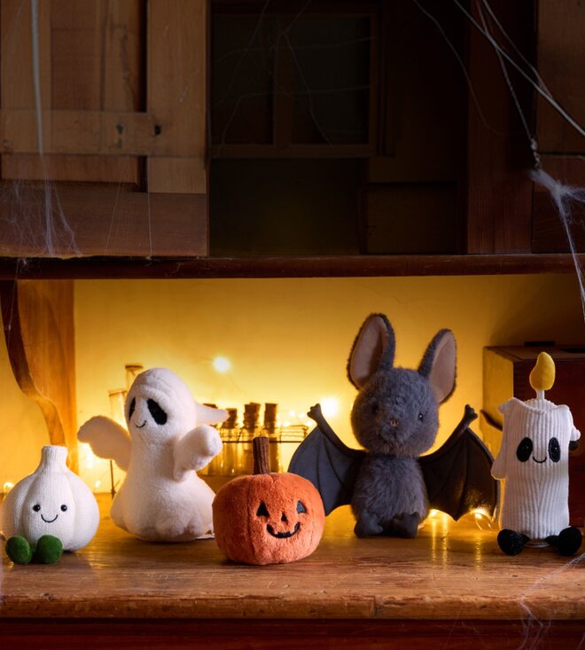New Halloween Jellycats featuring Garlic, Ghost, Jack O Lantern, Bat, and Candle