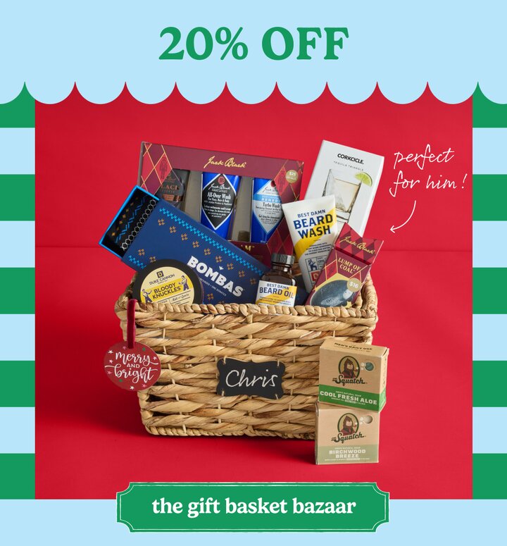 A woven gift basket with men's Bombas, Duke Cannon beard wash, beard oil & hand cream, Corkcicle Tequila Triangle, Dr. Squatch soaps.