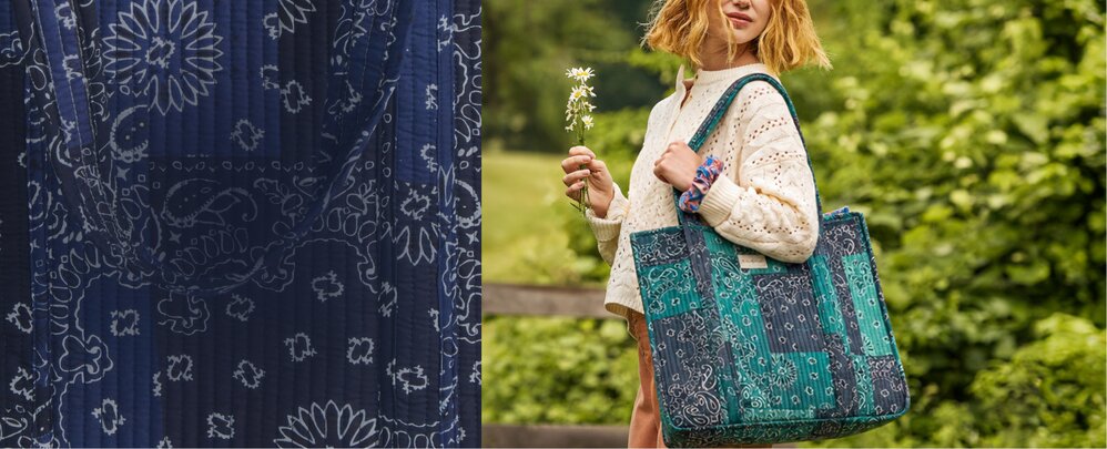Woman outdoors carrying a teal and navy patchwork bandana-print tote bag beside a close-up of navy bandana-patterned fabric.