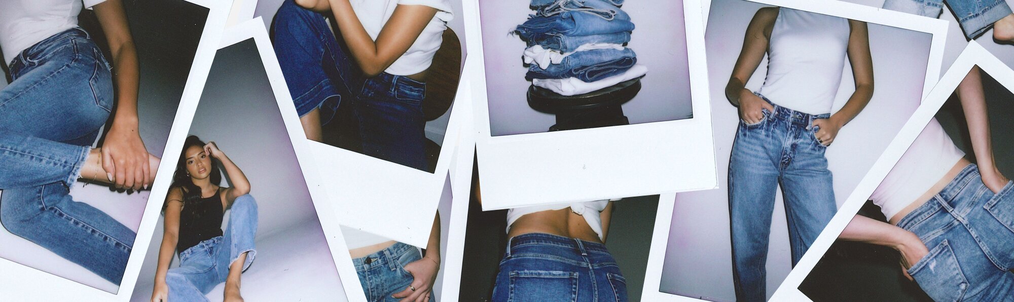 A collage of Polaroid-style photographs scattered on a light surface, all featuring denim jeans. The photos show various angles and styled shots: a person seated wearing light-wash straight-leg jeans with a black top, close-up details of denim waistbands and back pockets, a neatly folded stack of jeans and white shirts on a pedestal, and a standing figure in a white fitted top and light-wash straight jeans. The overall aesthetic is editorial and fashion-forward, with a film photography feel.